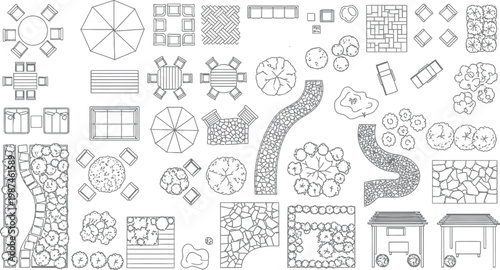 Comprehensive collection of landscape design vector symbols featuring outdoor furniture garden plants stone paths patio umbrellas and architectural site plan elements
