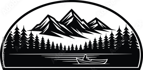 Person kayaking through a serene forest river surrounded by snow-capped mountains isolated on white background