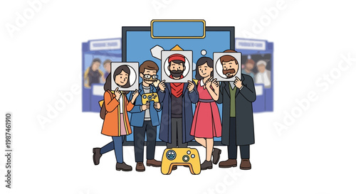People holding video game character masks at gaming event illustration