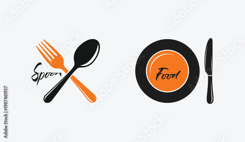 Spoonz food logo with utensils and plate Vector, logo, EPS