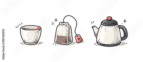 Simple drink prep theme a horizontal row of 3 related hand-drawn objects on a white background: a small cup with a tiny red dot on the rim, a simple teabag with a