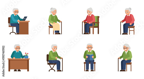 Senior People Character Set Sitting and Working Vector Illustration