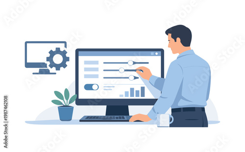 A professional adjusting system settings on a computer in a digital workspace, configuring preferences and optimizing performance for efficient workflow, representing