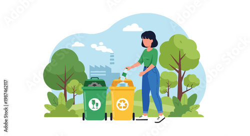 Flat style vector illustration of people sorting waste into recycling bins in a city park, promoting environmental awareness, waste management, and sustainable urban lifestyle