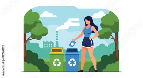 Flat style vector illustration of people sorting waste into recycling bins in a city park, promoting environmental awareness, waste management, and sustainable urban lifestyle