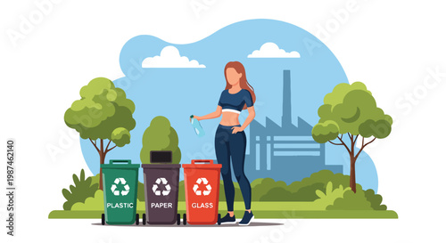 Flat style vector illustration of people sorting waste into recycling bins in a city park, promoting environmental awareness, waste management, and sustainable urban lifestyle