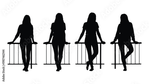 Four silhouetted women leaning on a railing showcasing varied poses and body types
