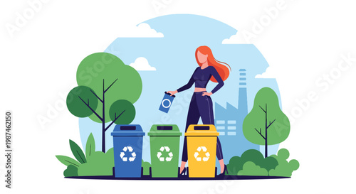 Flat style vector illustration of people sorting waste into recycling bins in a city park, promoting environmental awareness, waste management, and sustainable urban lifestyle