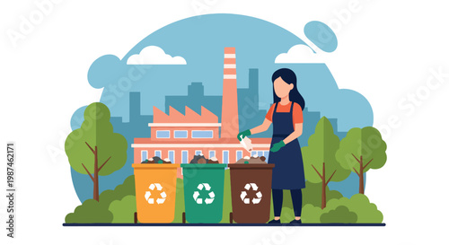 Flat style vector illustration of people sorting waste into recycling bins in a city park, promoting environmental awareness, waste management, and sustainable urban lifestyle