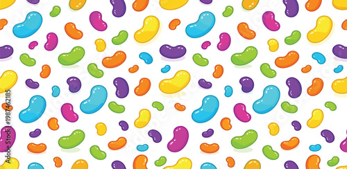 A vibrant and playful seamless pattern of colorful jelly beans scattered across a clean white background, perfect for sweet-themed designs and decorations