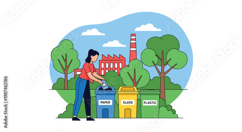 Flat style vector illustration of people sorting waste into recycling bins in a city park, promoting environmental awareness, waste management, and sustainable urban lifestyle