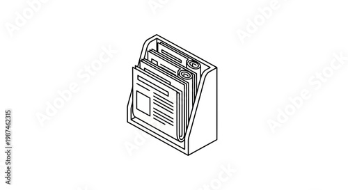 Isometric Newspaper Rack with Papers Vector Line Art Illustration