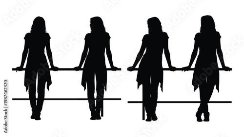 Four women in silhouette pose leaning against a horizontal bar displaying various stances
