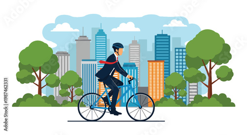 Flat style vector illustration of a man riding a bicycle through a modern city street, representing sustainable transport, healthy lifestyle, and reduced carbon footprint