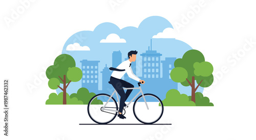 Flat style vector illustration of a man riding a bicycle through a modern city street, representing sustainable transport, healthy lifestyle, and reduced carbon footprint