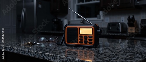 Illuminated emergency hand crank radio on a dark kitchen counter during a blackout. Portable survival equipment for power outage and disaster preparedness. Close up of off grid communication gear