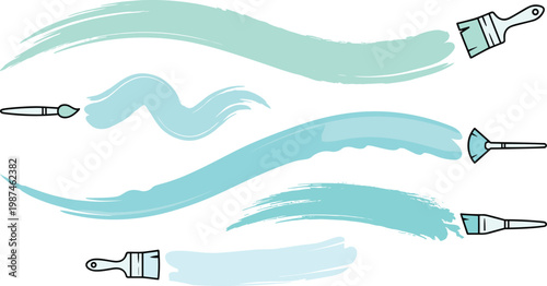 Dynamic Array of Paintbrushes Creating Vivid, Flowing Teal and Blue Strokes, Symbolizing Artistic Expression, Fluid Design, and the Joyful Process of Color Application in Creative Projects