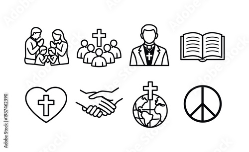 Christian faith and community: family prayer, church group, pastor figure, open scripture, heart with cross, helping hands, mission globe, peace symbol.