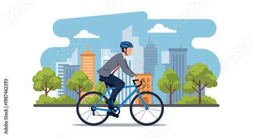 Flat style vector illustration of a man riding a bicycle through a modern city street, representing sustainable transport, healthy lifestyle, and reduced carbon footprint