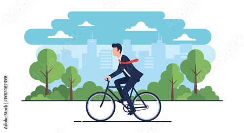 Flat style vector illustration of a man riding a bicycle through a modern city street, representing sustainable transport, healthy lifestyle, and reduced carbon footprint