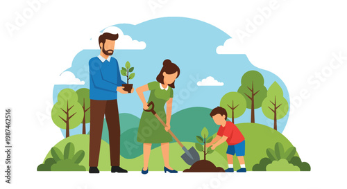 Flat style vector illustration of a family planting trees in a green park, symbolizing environmental protection, sustainability, and eco-friendly lifestyle for future generations