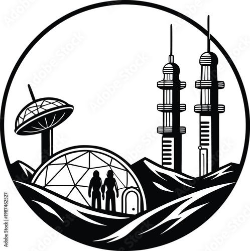 Futuristic Space Colony Silhouette Sci Fi Landscape Illustration Transparent on White Background