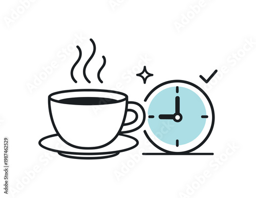 Daily productivity and morning routine in a professional lifestyle context, a simple coffee cup with gentle steam lines rising beside a small clock element symbolizing