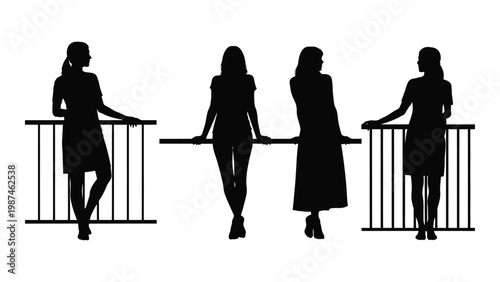 Four women stand silhouetted against a white background leaning on a railing