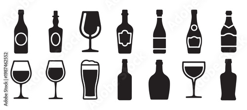  icon of wine glasses and beer bottles for bar menu design, vector illustration eps 10.
