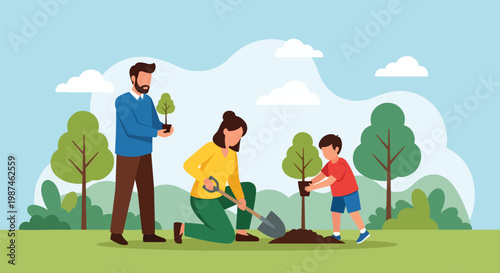 Flat style vector illustration of a family planting trees in a green park, symbolizing environmental protection, sustainability, and eco-friendly lifestyle for future generations