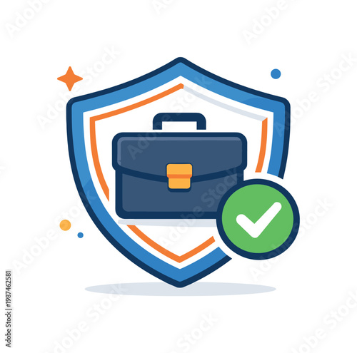 Business insurance coverage highlighting protection of company assets and continuity planning, a briefcase enclosed within a shield and a small checkmark symbol