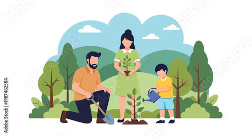 Flat style vector illustration of a family planting trees in a green park, symbolizing environmental protection, sustainability, and eco-friendly lifestyle for future generations