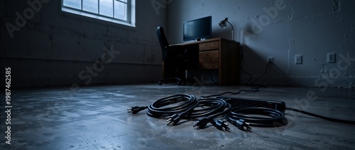 Unplugged power cords on the floor of a dark empty office. Power outage and blackout concept with disconnected computer desk