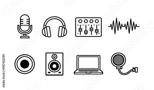 Podcast production: microphone, headphones, audio mixer, sound wave, recording button, studio monitor speaker, laptop, pop filter.