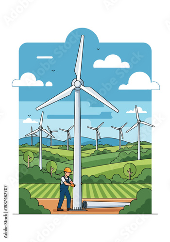 Flat style vector illustration of a man installing a wind turbine in an open field, representing renewable energy solutions, sustainability, and eco-friendly power generation