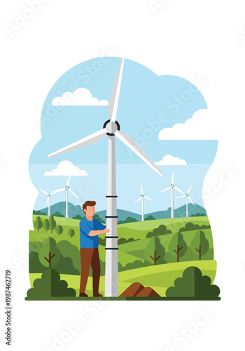 Flat style vector illustration of a man installing a wind turbine in an open field, representing renewable energy solutions, sustainability, and eco-friendly power generation