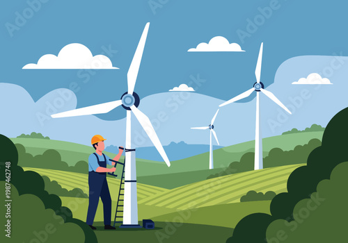 Flat style vector illustration of a man installing a wind turbine in an open field, representing renewable energy solutions, sustainability, and eco-friendly power generation