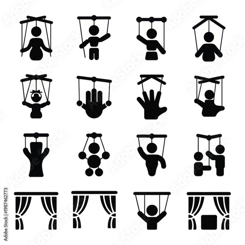 Set of 16 Black Puppet and Stage Icons Vector
