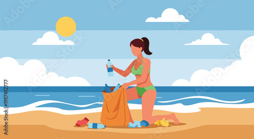Flat style vector illustration of volunteers collecting plastic waste on a beach, promoting ocean conservation, environmental protection, and sustainable lifestyle awareness