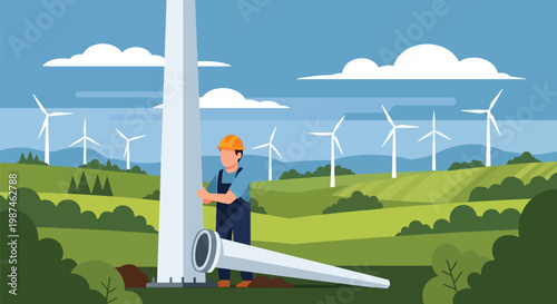 Flat style vector illustration of a man installing a wind turbine in an open field, representing renewable energy solutions, sustainability, and eco-friendly power generation