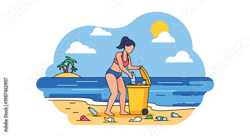 Flat style vector illustration of volunteers collecting plastic waste on a beach, promoting ocean conservation, environmental protection, and sustainable lifestyle awareness