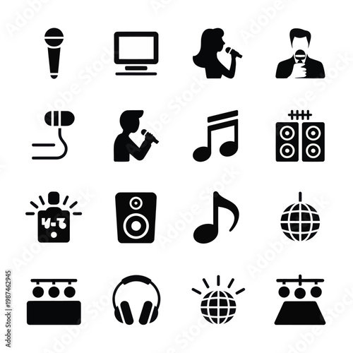 Set of 16 Black Karaoke and Music Themed Vector Icons
