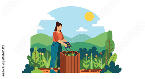 Flat style vector illustration of a person composting organic waste in a backyard garden, promoting eco-friendly habits, recycling, and sustainable living practices