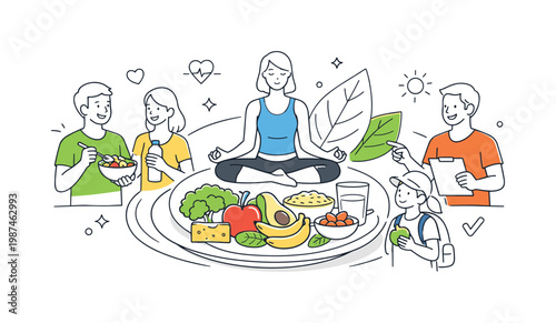 Healthy eating and balanced nutrition in a modern lifestyle context where individuals choose a variety of foods for daily well being, represented by a clear visual