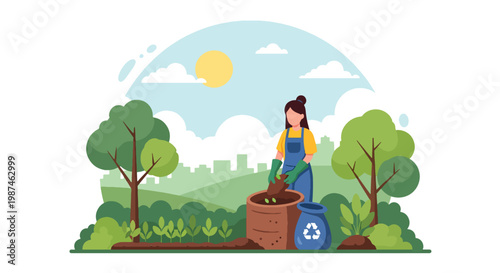Flat style vector illustration of a person composting organic waste in a backyard garden, promoting eco-friendly habits, recycling, and sustainable living practices