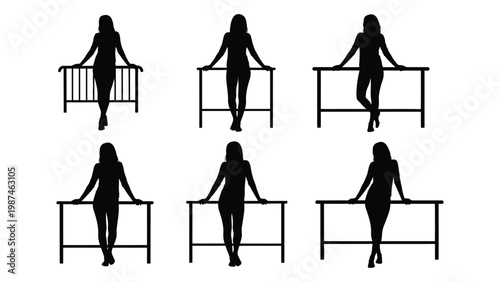 Silhouette series depicting women leaning against a railing in varying poses