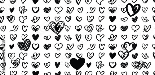 A charming seamless pattern composed of diverse hand-drawn heart doodles in black and white, evoking feelings of love, romance, and affection, ideal for expressive and whimsical designs