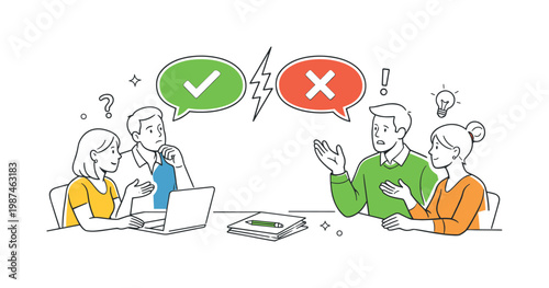 Team members navigating conflicting feedback and differing opinions during a project discussion in a professional environment, illustrated through a clear metaphor of