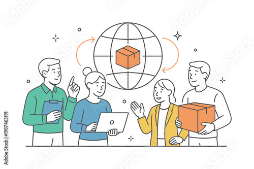 A logistics and supply chain concept where goods and services move efficiently across international networks, represented by a minimal composition of a globe connected