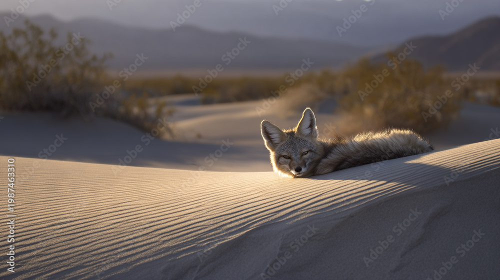 Fototapeta premium Fox Resting on Desert Dunes at Sunrise